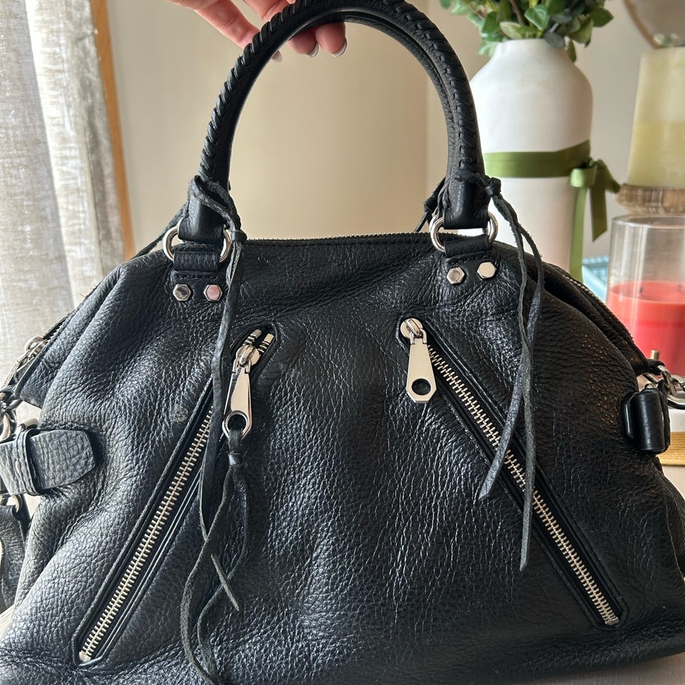 Classic Black Satchel with Textured Leather and Silver Hardware